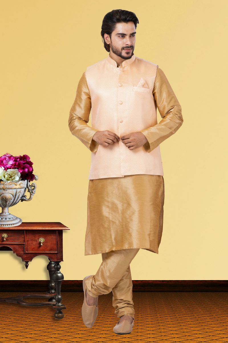 Cream Dhupion Raw Silk Sangeet Wear Trendy Readymade Kurta Pyjama For Men With Jacket