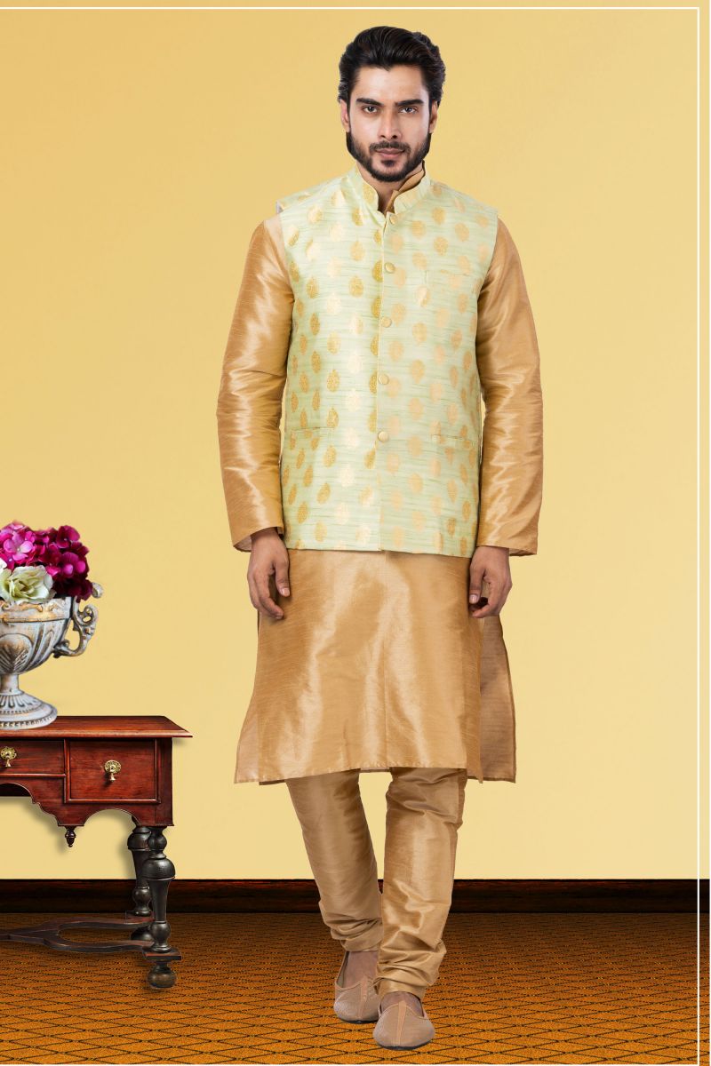 Dhupion Raw Silk Cream Wedding Wear Readymade Designer Men Kurta Pyjama With Jacket