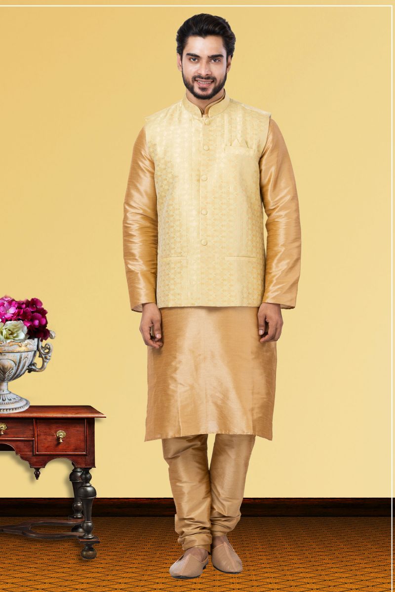 Cream Gorgeous Dhupion Raw Silk Reception Wear Readymade Kurta Pyjama For Men With Jacket