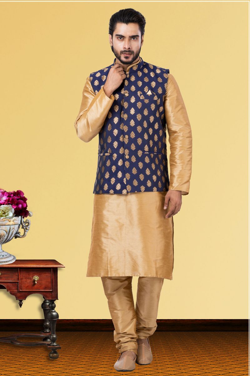 Cream Pretty Dhupion Raw Silk Sangeet Wear Readymade Men Kurta Pyjama With Jacket