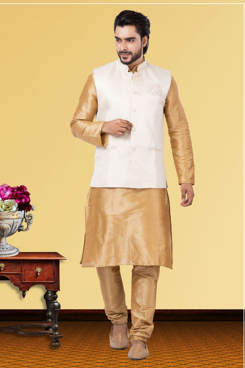 Cream Dhupion Raw Silk Readymade Men Kurta Pyjama With Jacket