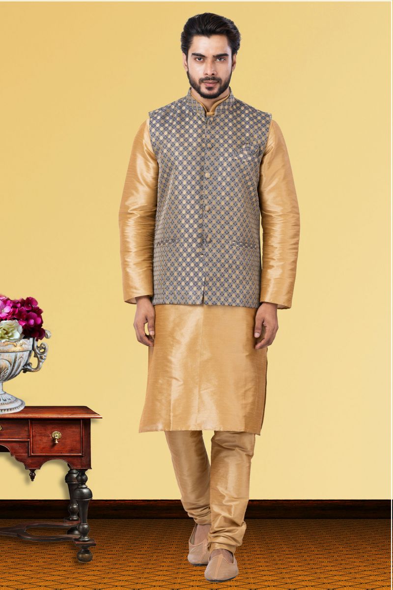 Dhupion Raw Silk Function Wear Readymade Cream Kurta Pyjama For Men With Jacket