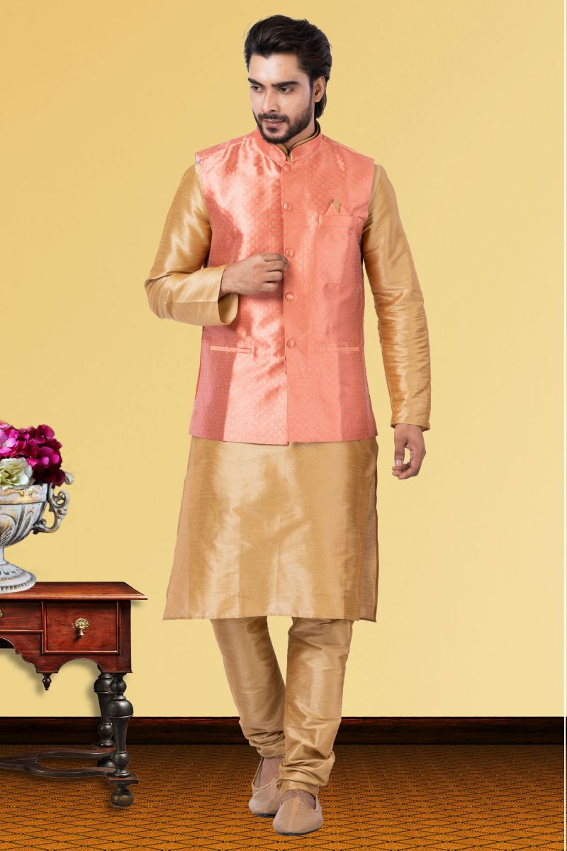 Cream Dhupion Raw Silk Festive Wear Readymade Kurta Pyjama For Men With Jacket