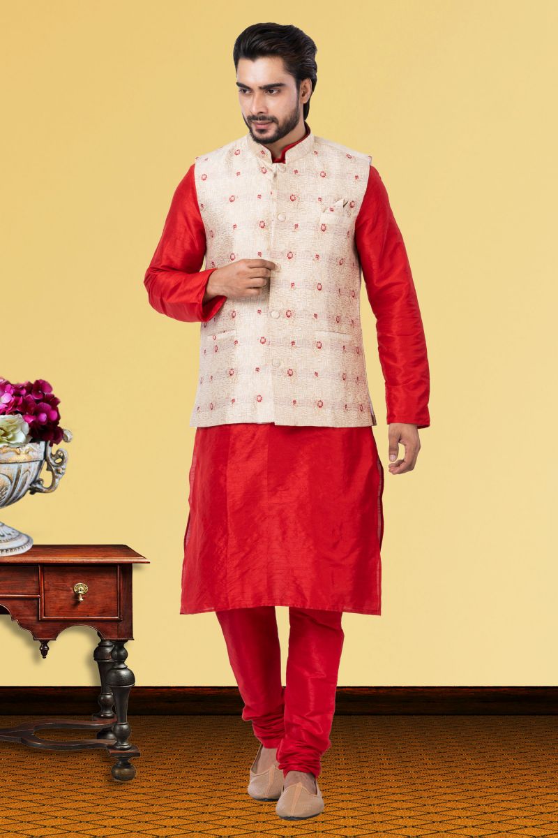 Red Dhupion Raw Silk Function Wear Readymade Kurta Pyjama For Men With Jacket