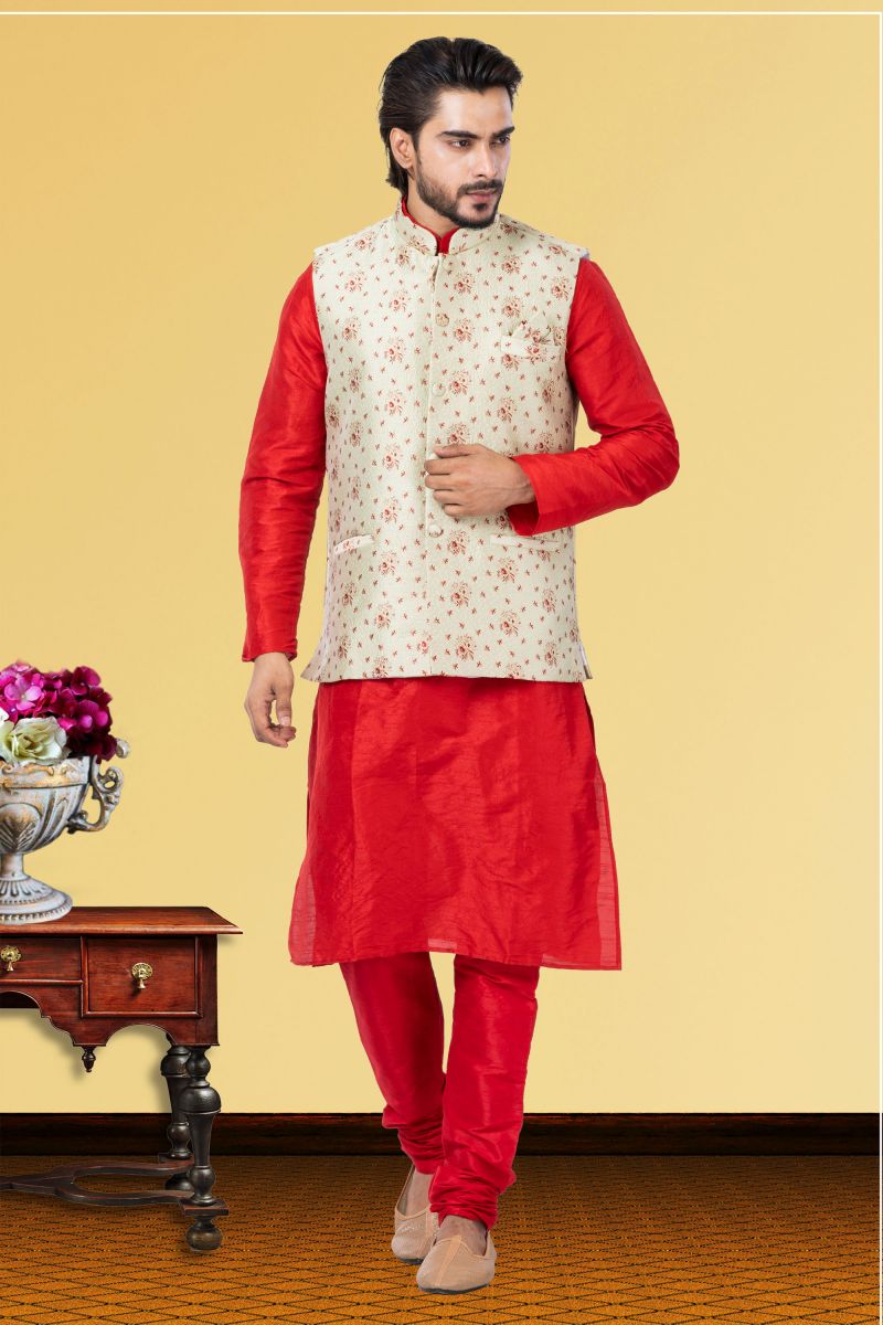 Dhupion Raw Silk Red Festive Wear Trendy Readymade Men Kurta Pyjama With Jacket