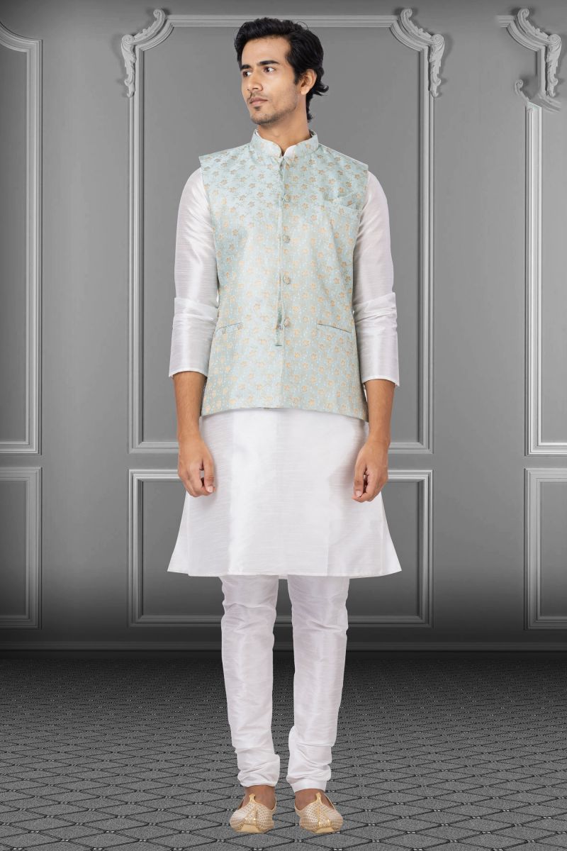 White Sangeet Wear Dhupion Raw Silk Designer Readymade Kurta Pyjama For Men With Jacket