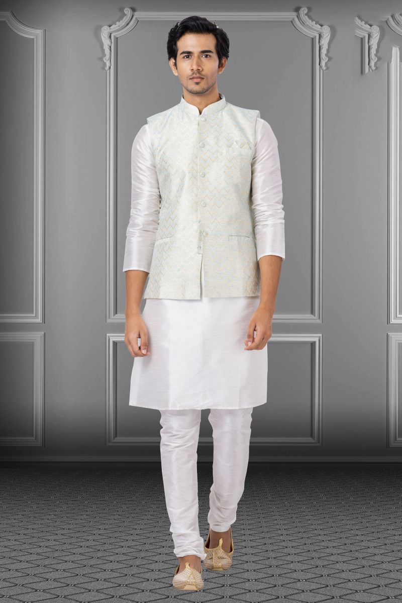 White Engaging Dhupion Raw Silk Festive Wear Readymade Kurta Pyjama For Men With Jacket