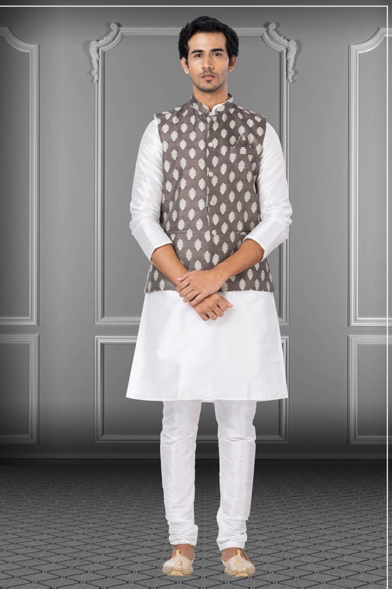 White Dhupion Raw Silk Festive Wear Captivating Readymade Kurta Pyjama For Men With Jacket