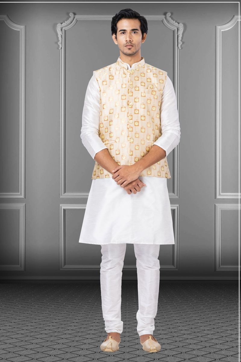 White Dhupion Raw Silk Sangeet Wear Readymade Kurta Pyjama For Men With Jacket