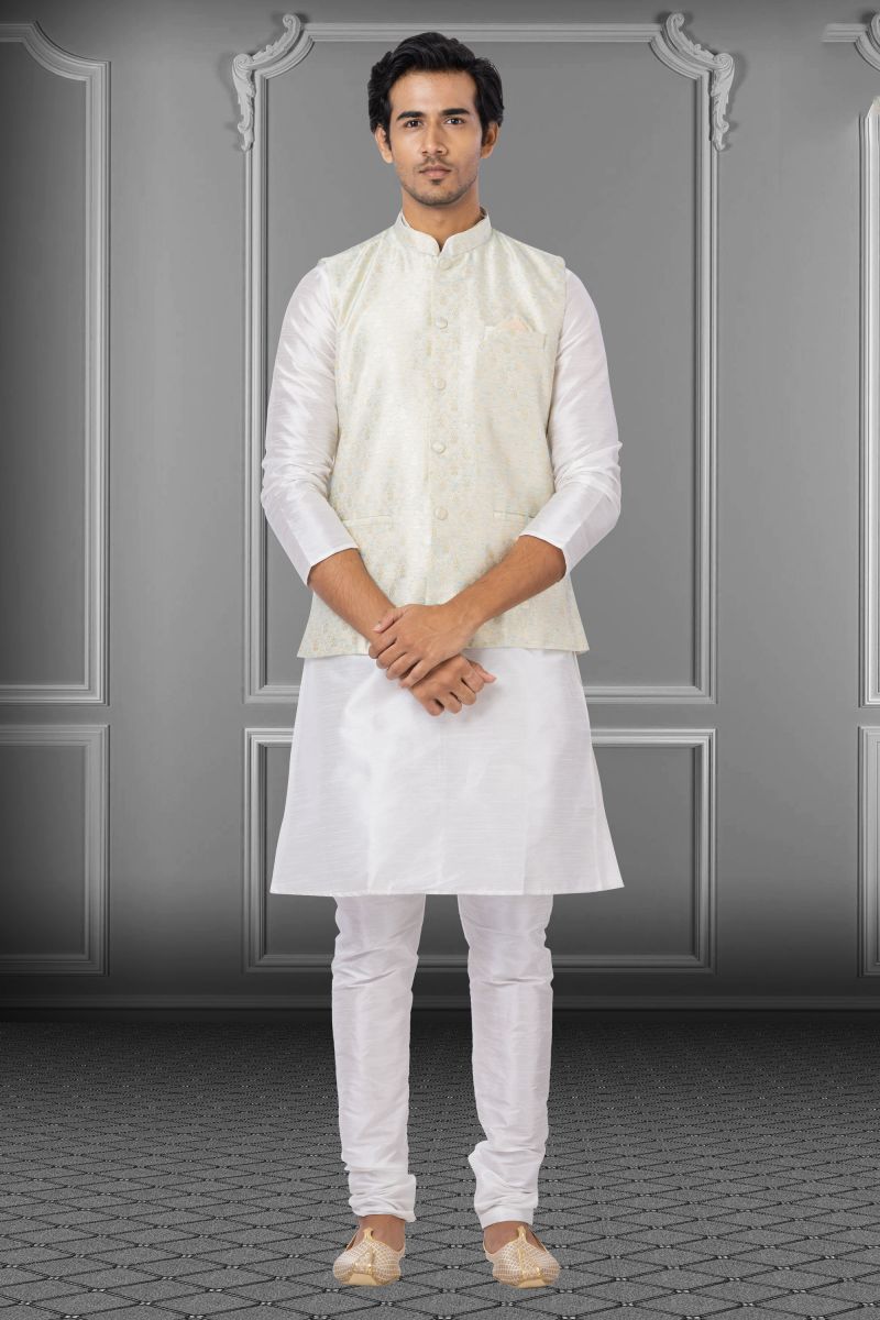 White Gorgeous Dhupion Raw Silk Wedding Wear Readymade Kurta Pyjama For Men With Jacket