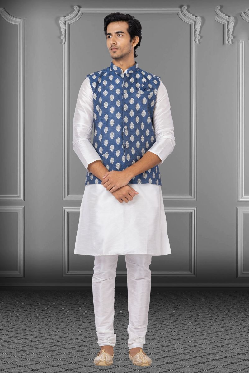 White Dhupion Raw Silk Reception Wear Striking Readymade Kurta Pyjama For Men With Jacket