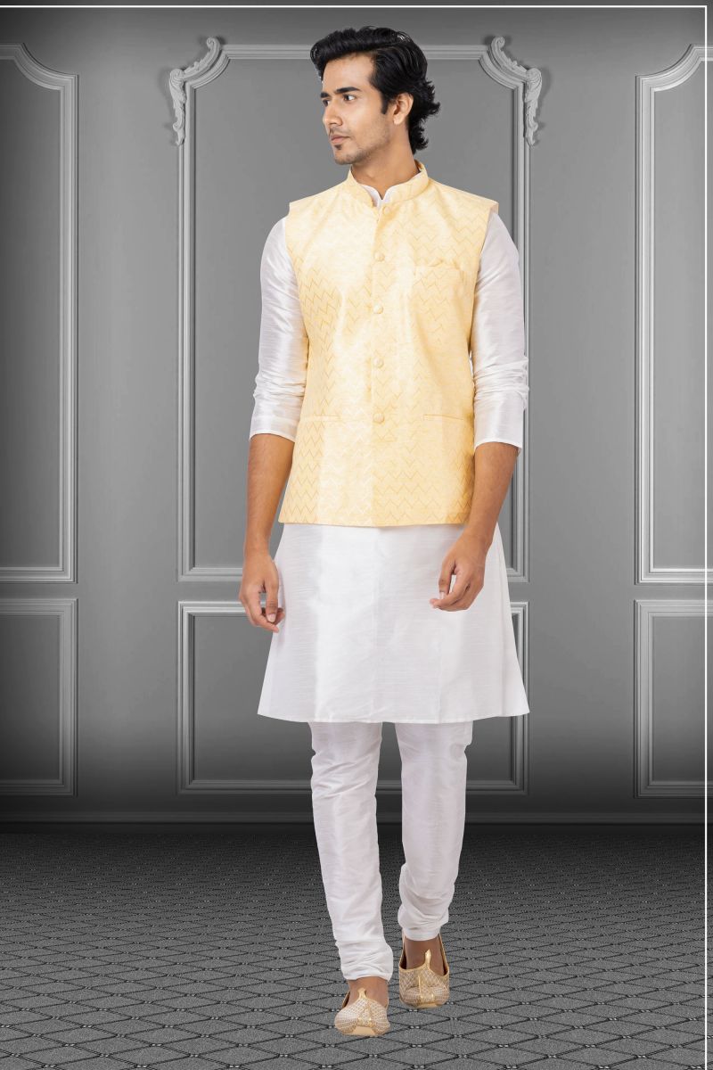 White Stunning Dhupion Raw Silk Function Wear Readymade Kurta Pyjama For Men With Jacket