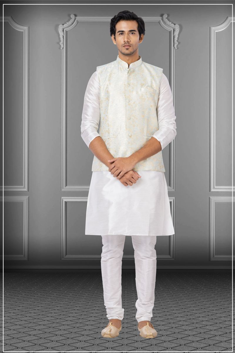 Dhupion Raw Silk Lovely White Festive Wear Readymade Kurta Pyjama For Men With Jacket