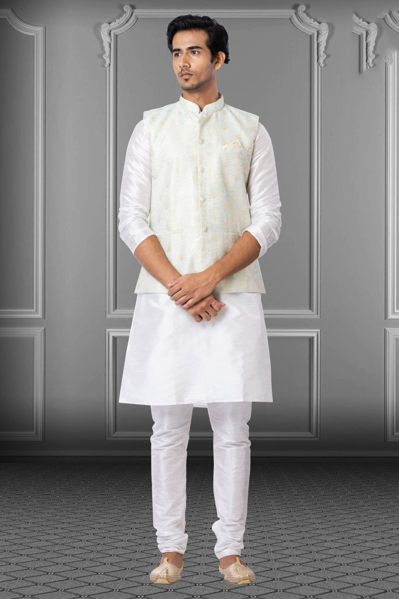 White Beautiful Dhupion Raw Silk Wedding Wear Readymade Kurta Pyjama For Men With Jacket