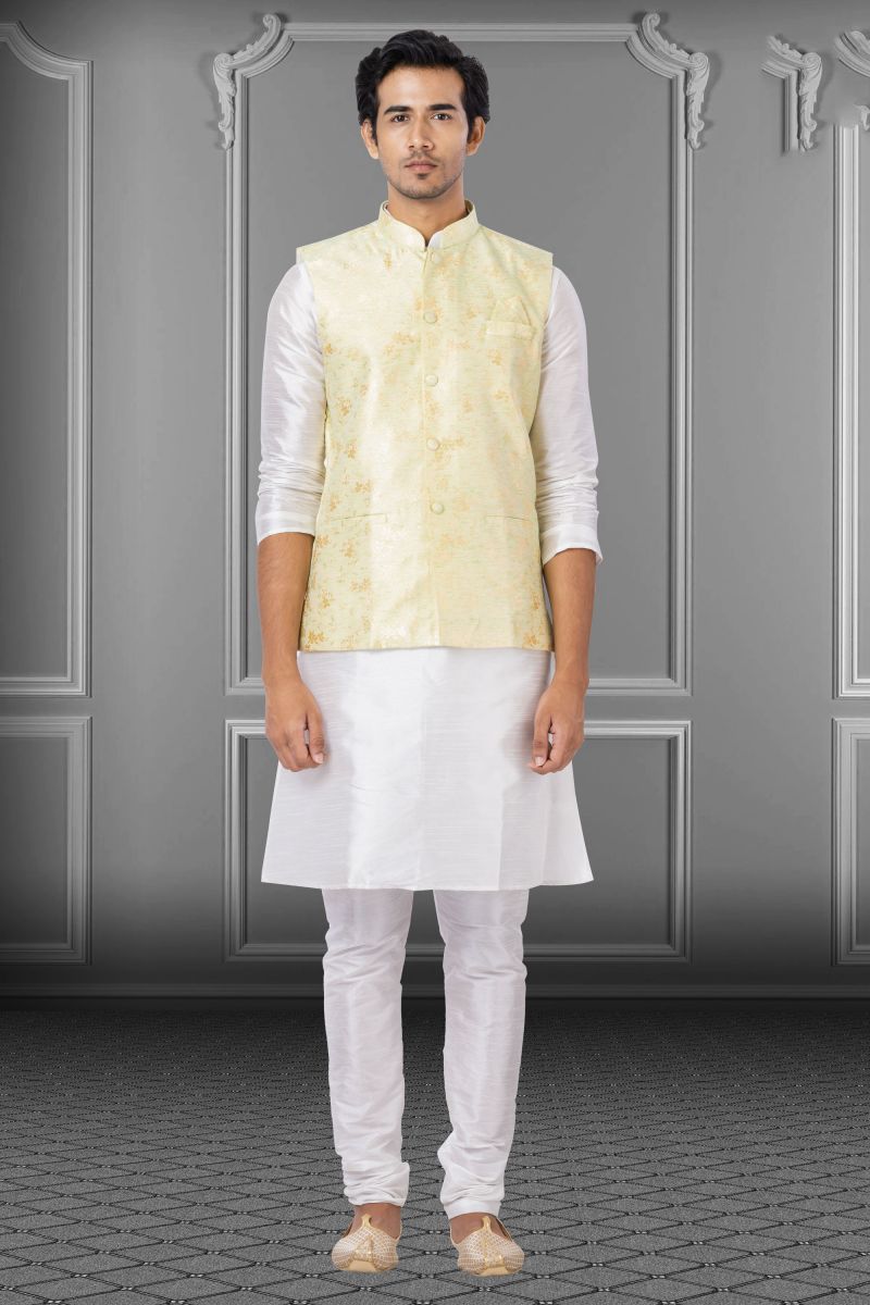 Reception Wear White Dhupion Raw Silk Attractive Readymade Kurta Pyjama For Men With Jacket