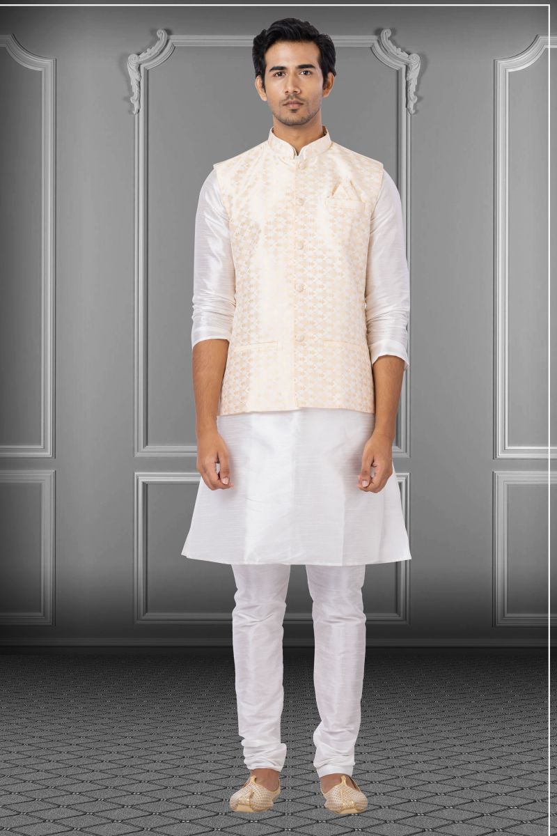 White Dhupion Raw Silk Function Wear Readymade Kurta Pyjama For Men With Modi Jacket Set