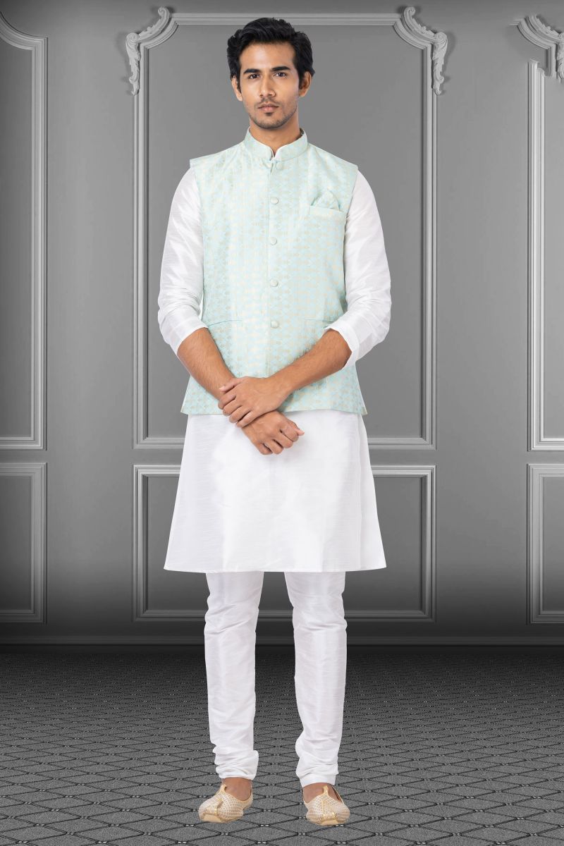 Dhupion Raw Silk White Festive Wear Readymade Men Stylish Kurta Pyjama With Nehru Jacket set 