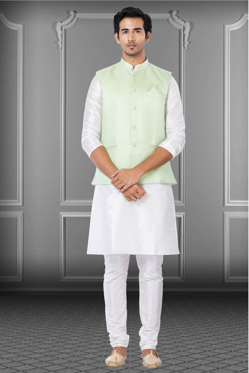 White Dhupion Raw Silk Sangeet Wear Trendy Readymade Kurta Pyjama For Men With Jacket Set