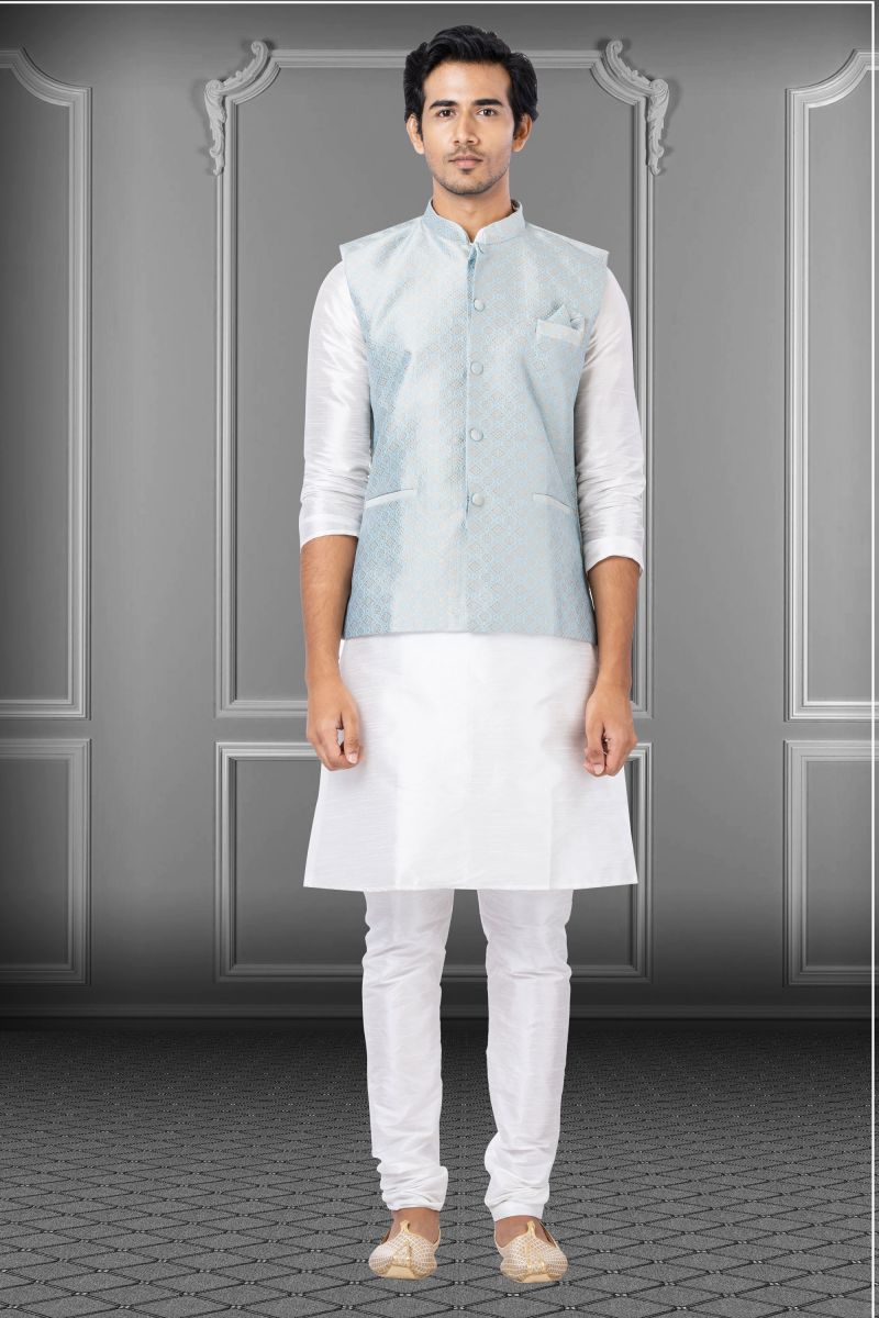 White Gorgeous Dhupion Raw Silk Reception Wear Readymade Kurta Pyjama For Men With Nehru Jacket