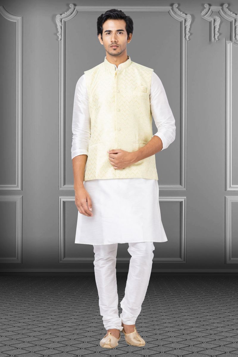 Dhupion Raw Silk Wedding Wear Readymade Pretty White Kurta Pyjama For Men With 3 Pcs Jacket Set