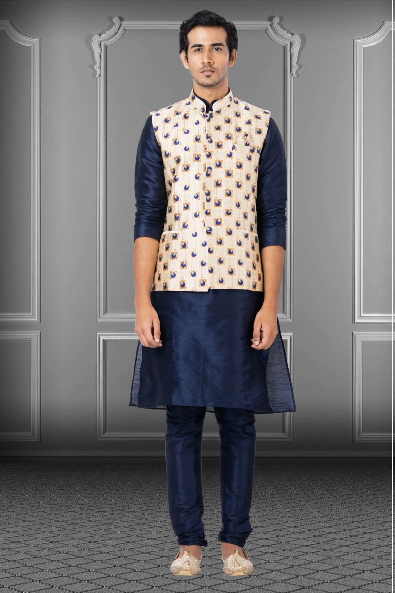 Reception Wear Readymade Navy Blue Dhupion Raw Silk Beautiful Kurta Pyjama For Men With 3 Pcs Jacket Set