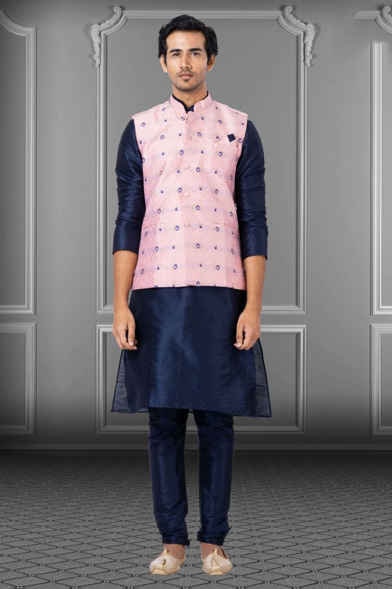 Navy Blue Dhupion Raw Silk Readymade Men Kurta Pyjama With Jacket Set