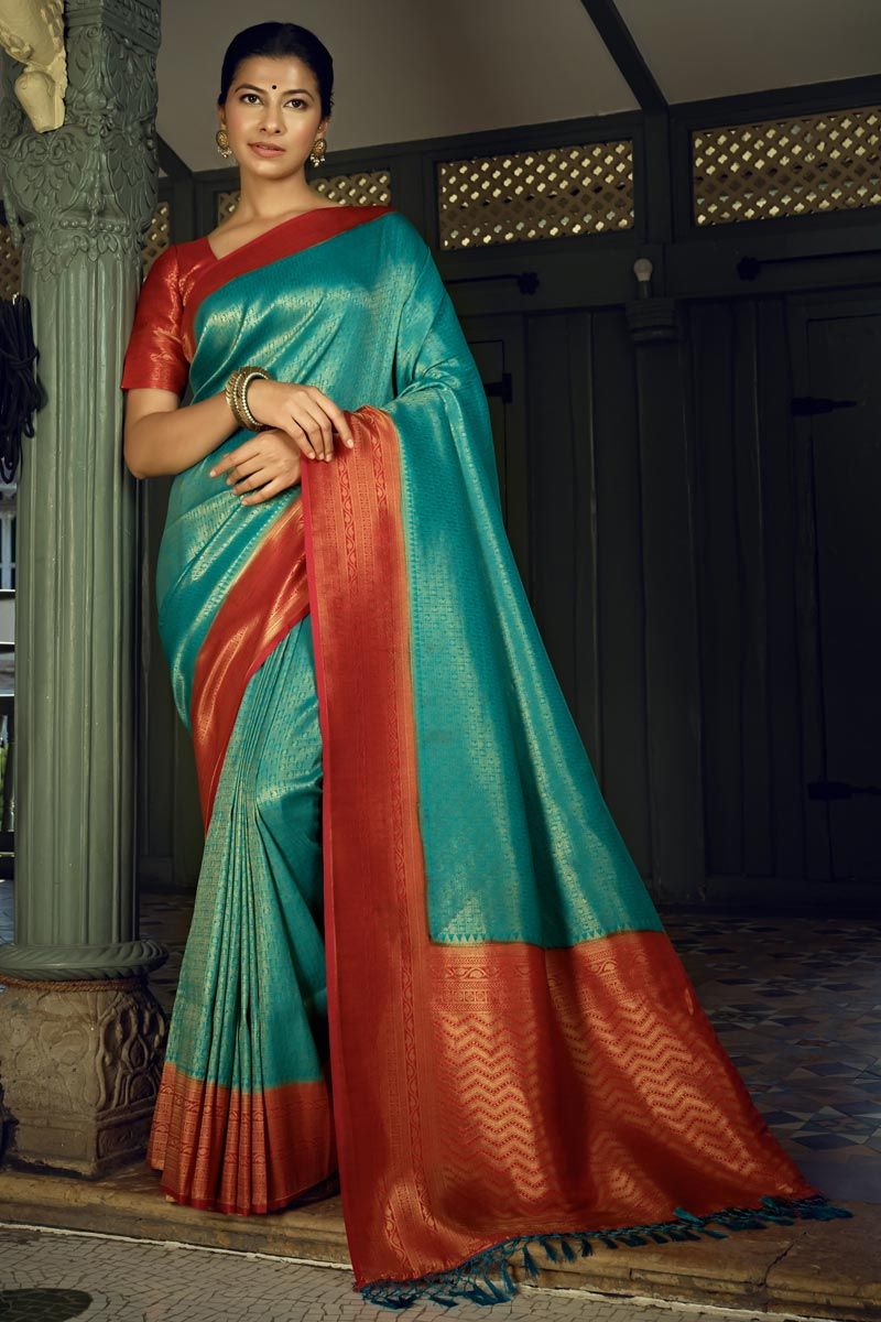 Cyan Color Golden Zari Kanjeevaram Silk Saree