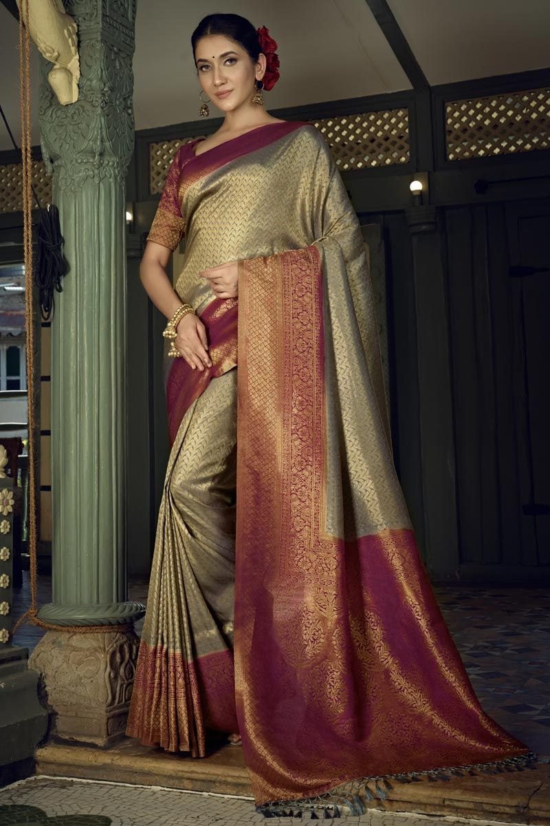 Royal Grey Golden Zari Kanjeevaram Silk Saree