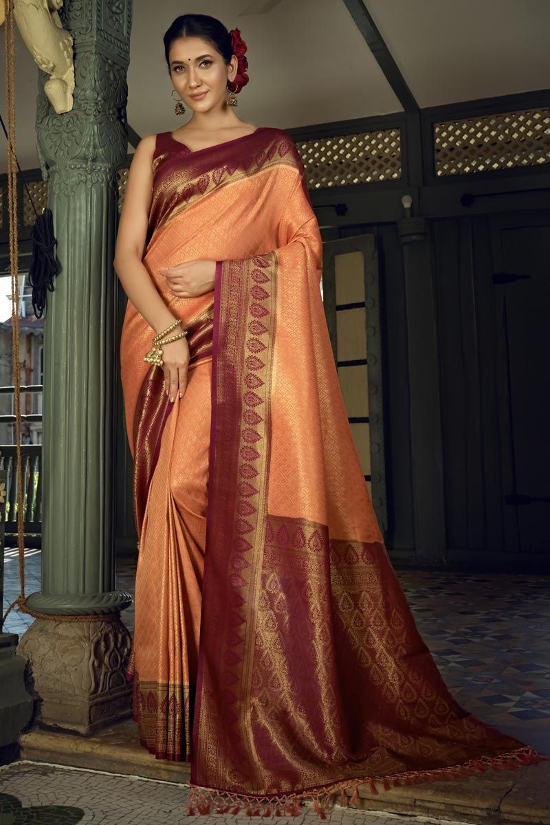 Peach Golden Zari Kanjeevaram Silk Saree