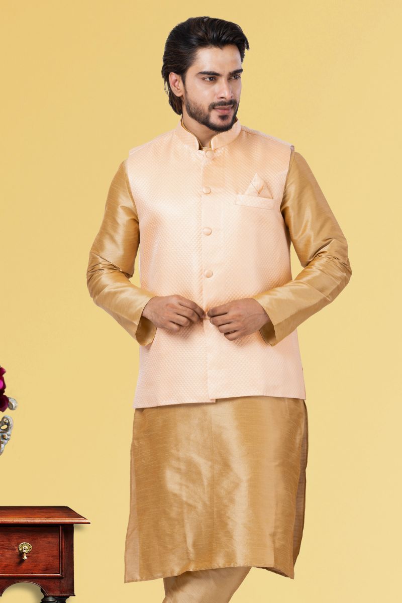 Peach Fancy Sangeet Wear Trendy Readymade Jacket For Men