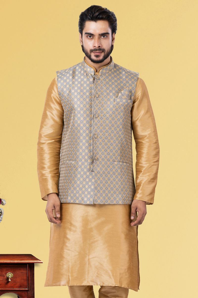 Sangeet Wear Grey Readymade Men Jacket In Jacquard Silk 