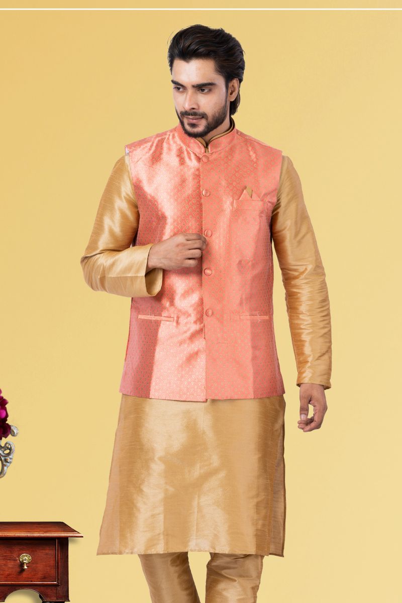 Peach Jacquard Silk Festive Wear Readymade Jacket For Men