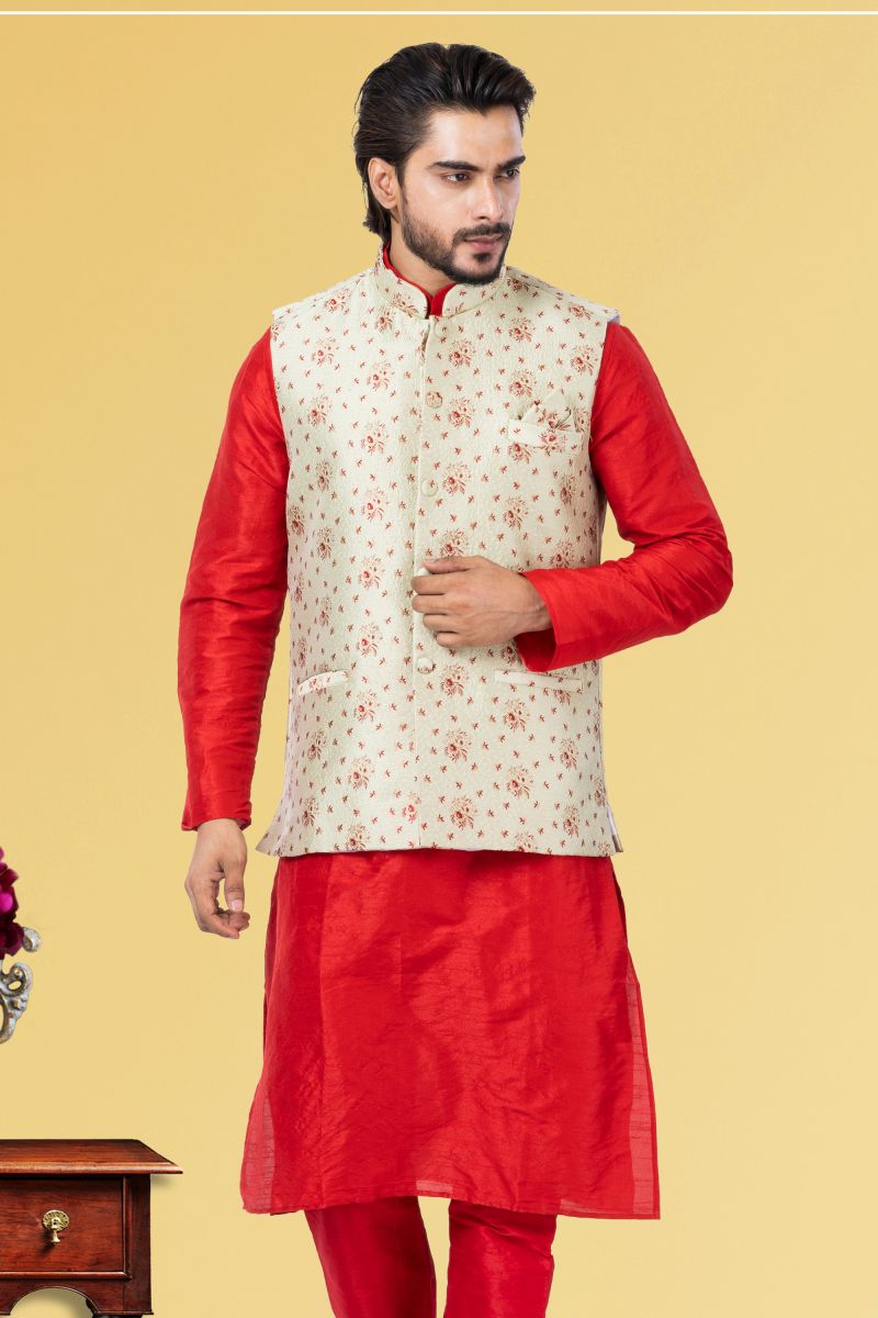 Jacquard Silk Beige Festive Wear Trendy Readymade Men Jacket