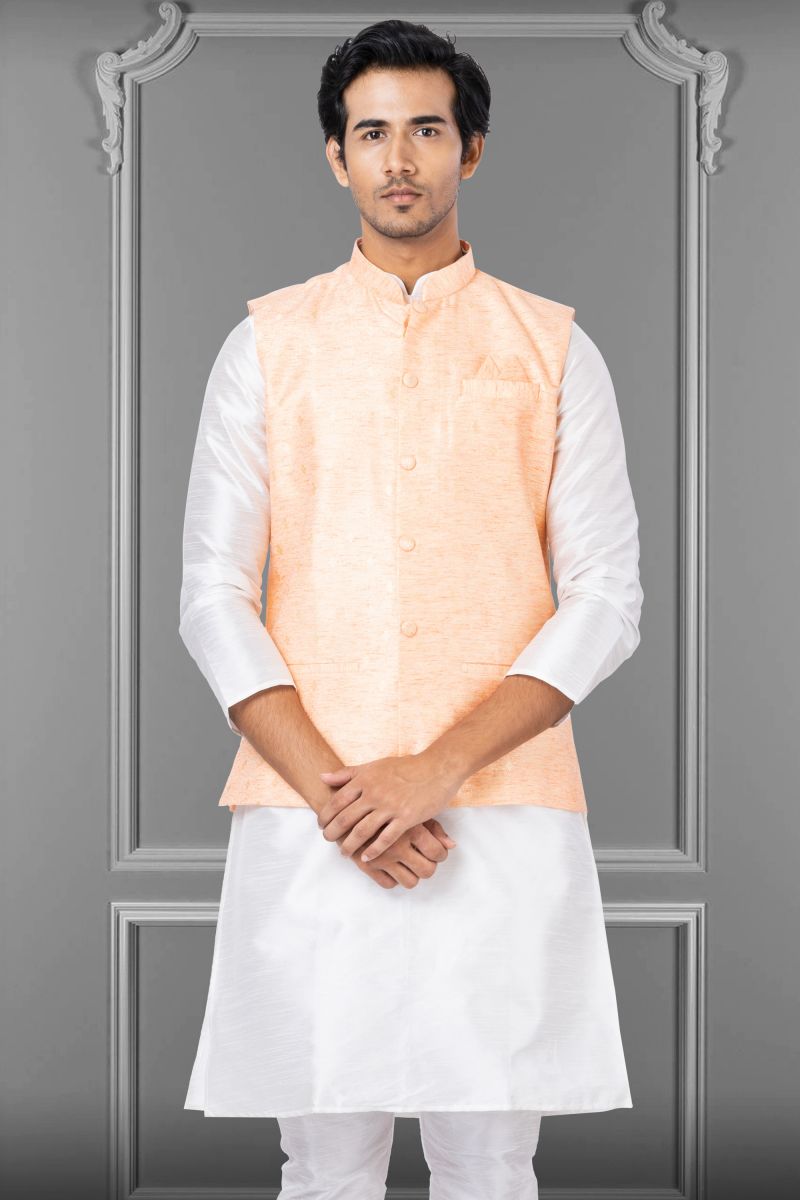 Peach Linen Silk Function Wear Readymade Jacket For Men