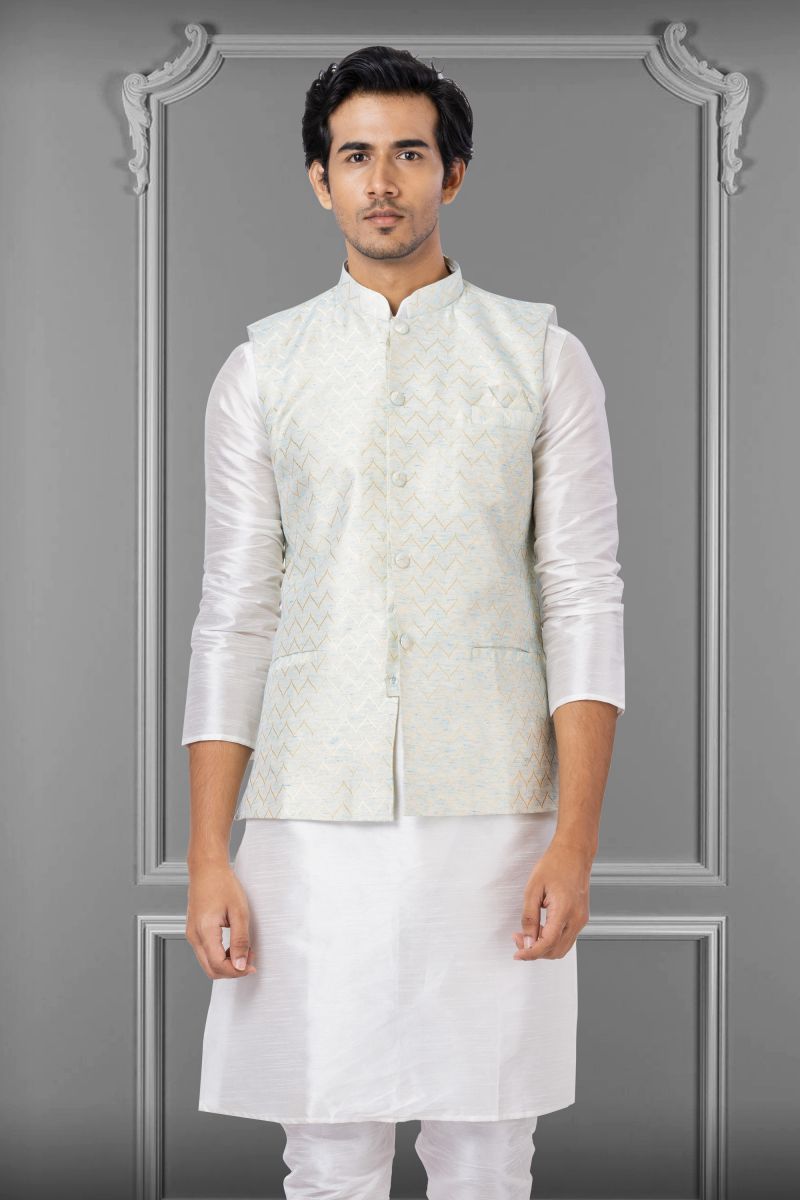 White Engaging Linen Silk Festive Wear Readymade Jacket For Men