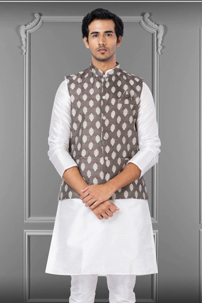 Grey Jacquard Silk Festive Wear Captivating Readymade Jacket For Men