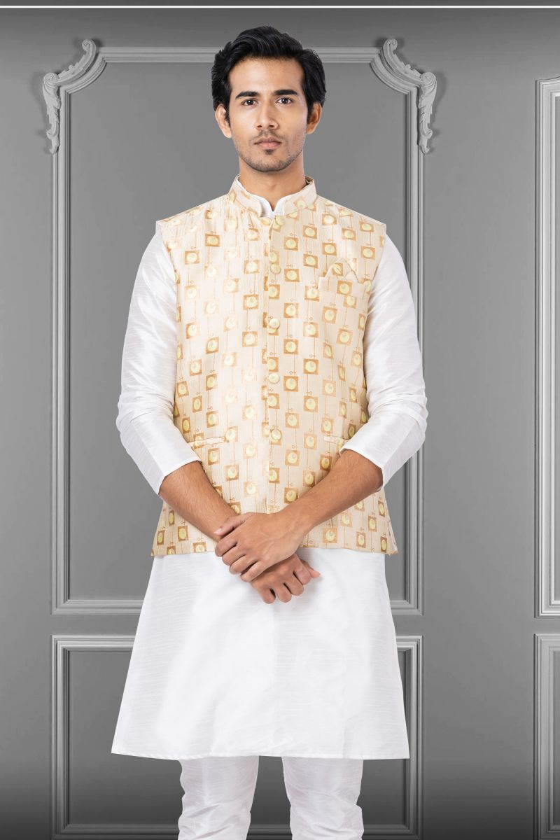 Cream Jacquard Silk Sangeet Wear Readymade Jacket For Men