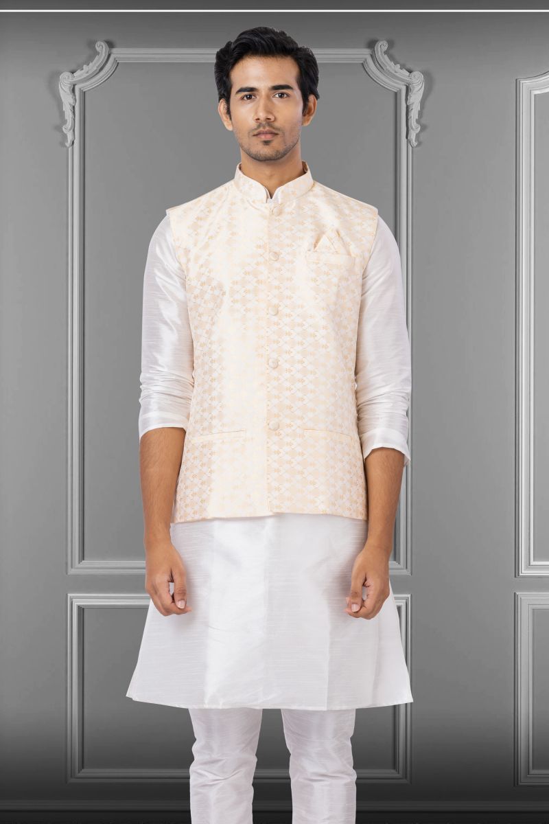 Peach Jacquard Silk Function Wear Readymade Jacket For Men