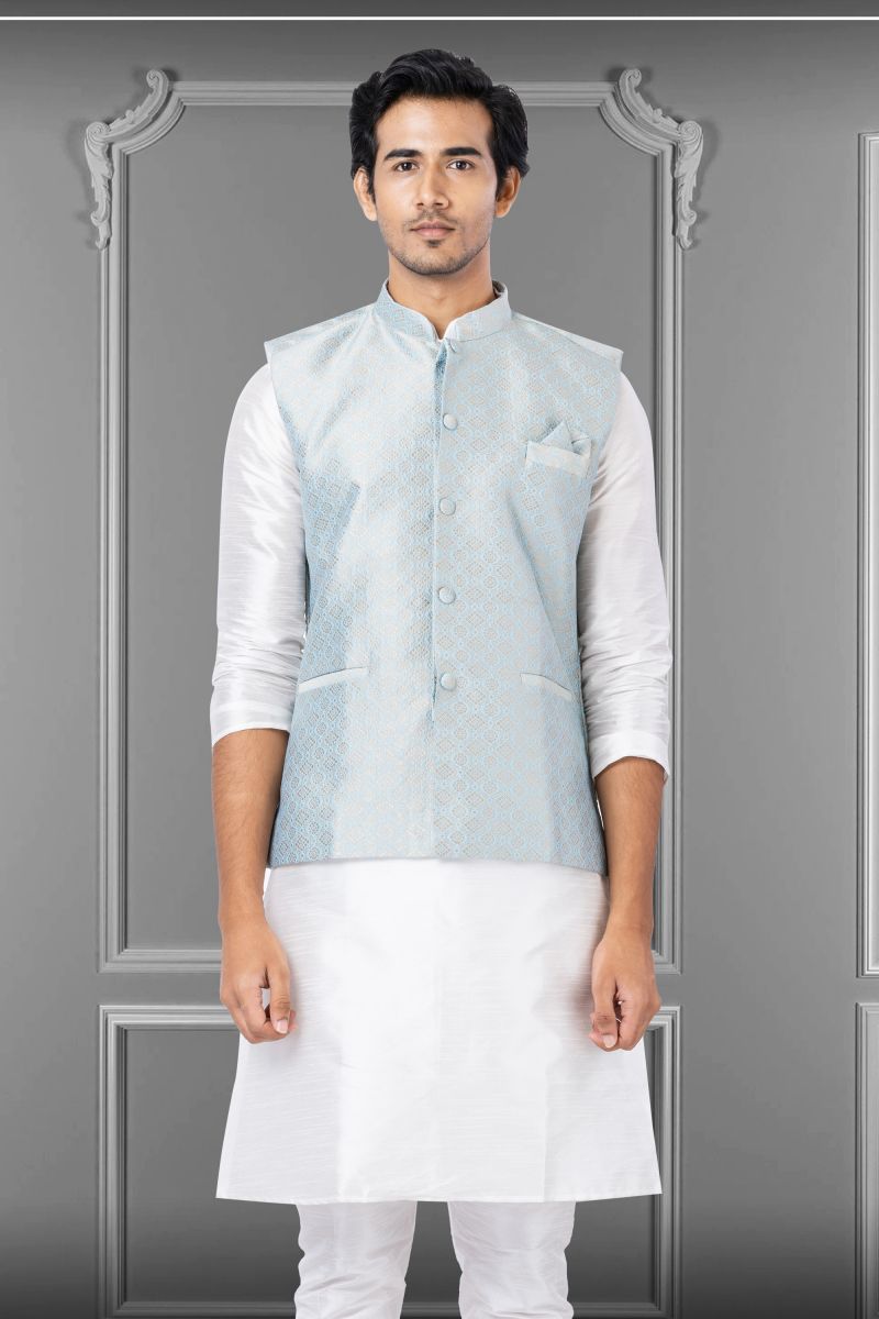 Light Cyan Gorgeous Jacquard Silk Reception Wear Readymade Jacket For Men