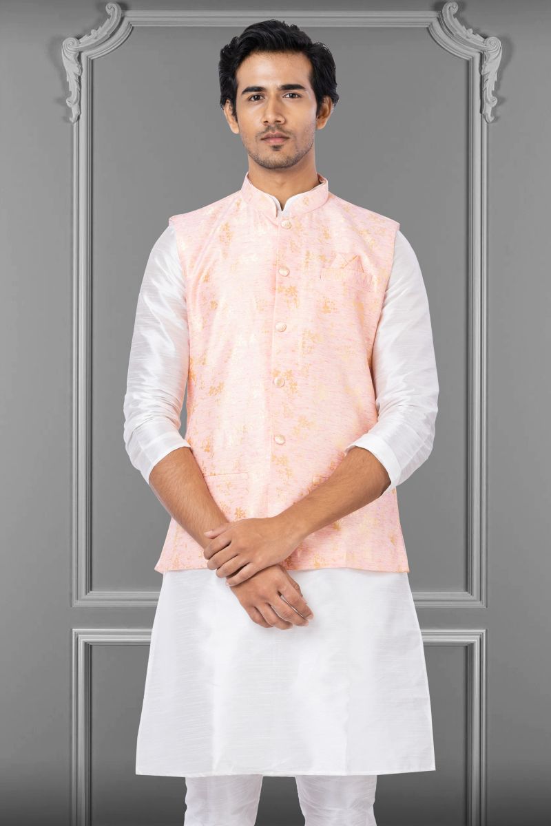 Pink Linen Silk Function Wear Readymade Jacket For Men