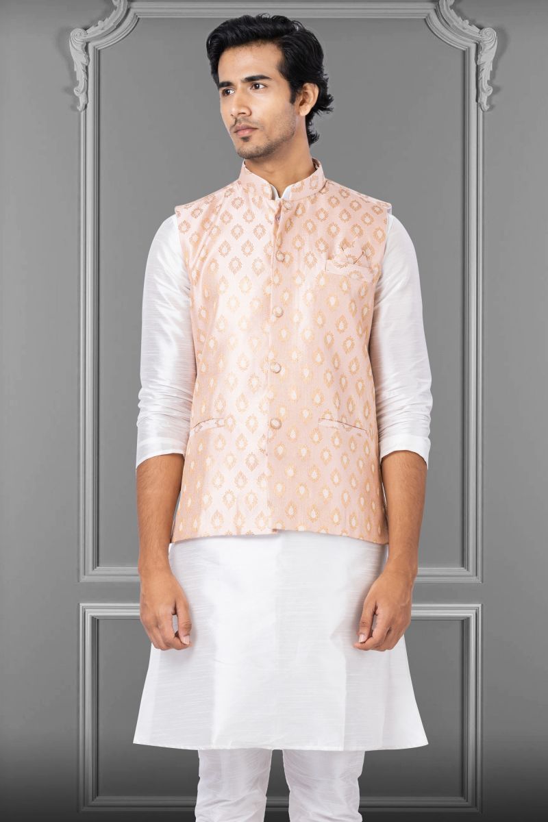 Jacquard Silk Pink Festive Wear Readymade Stunning Jacket For Men