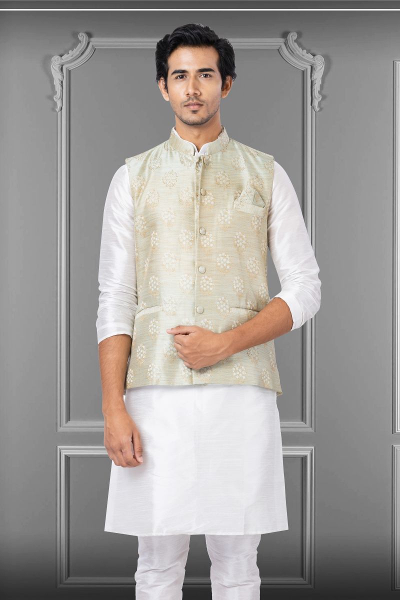 Beige Sangeet Wear Readymade Lovely Jacquard Silk Jacket For Men