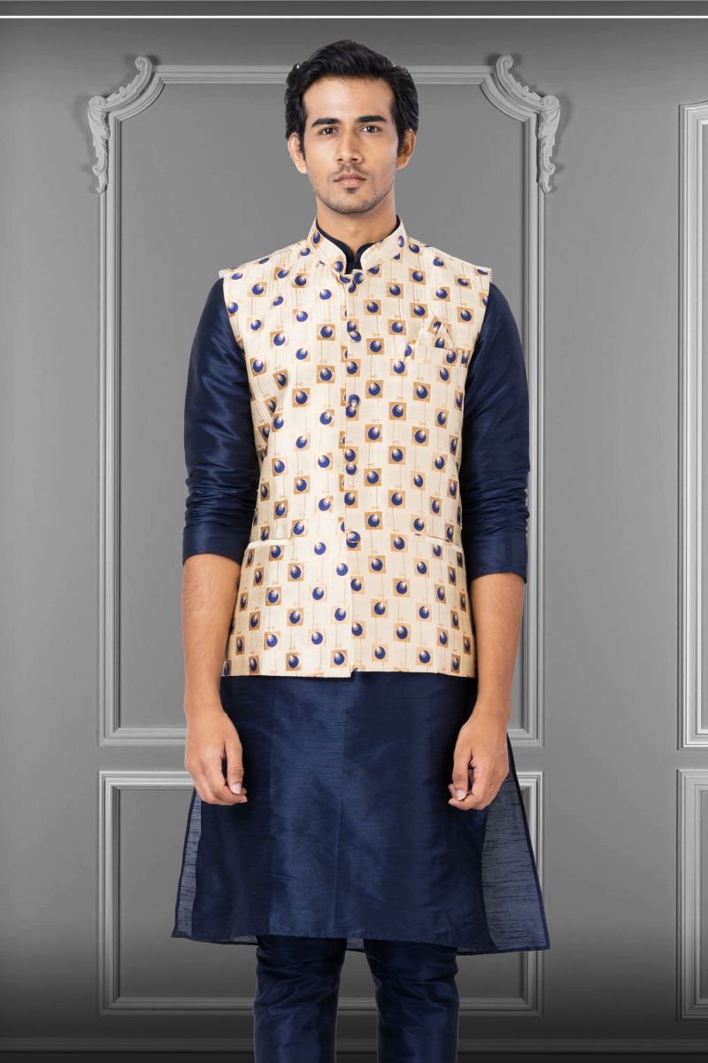 Reception Wear Readymade Beige Jacquard Silk Beautiful Jacket For Men