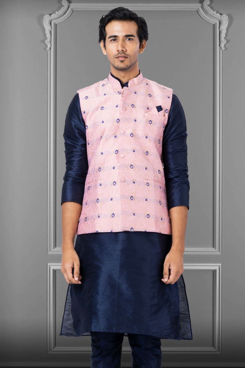 Pink Jacquard Silk Readymade Men Jacket