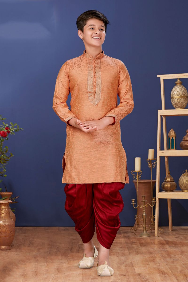 Peach Function Wear Jacquard Silk Stylish Readymade Kurta Pyjama For Boys