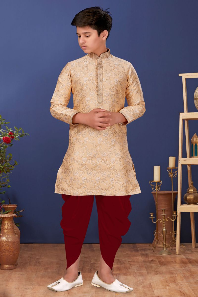 Jacquard Silk Beige Function Wear Stylish Readymade Boys Kurta Pyjama