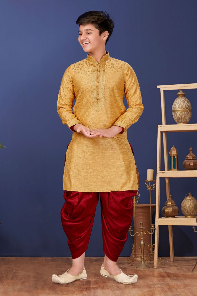 Function Wear Jacquard Silk Readymade Kurta Pyjama For Boys In Golden Color