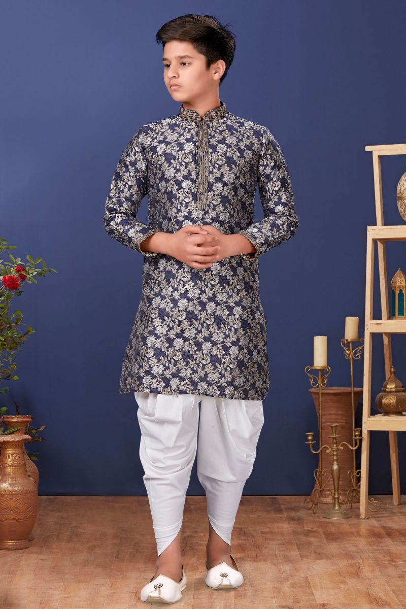 Navy Blue Color Function Wear Jacquard Silk Readymade Kurta Pyjama For Boys