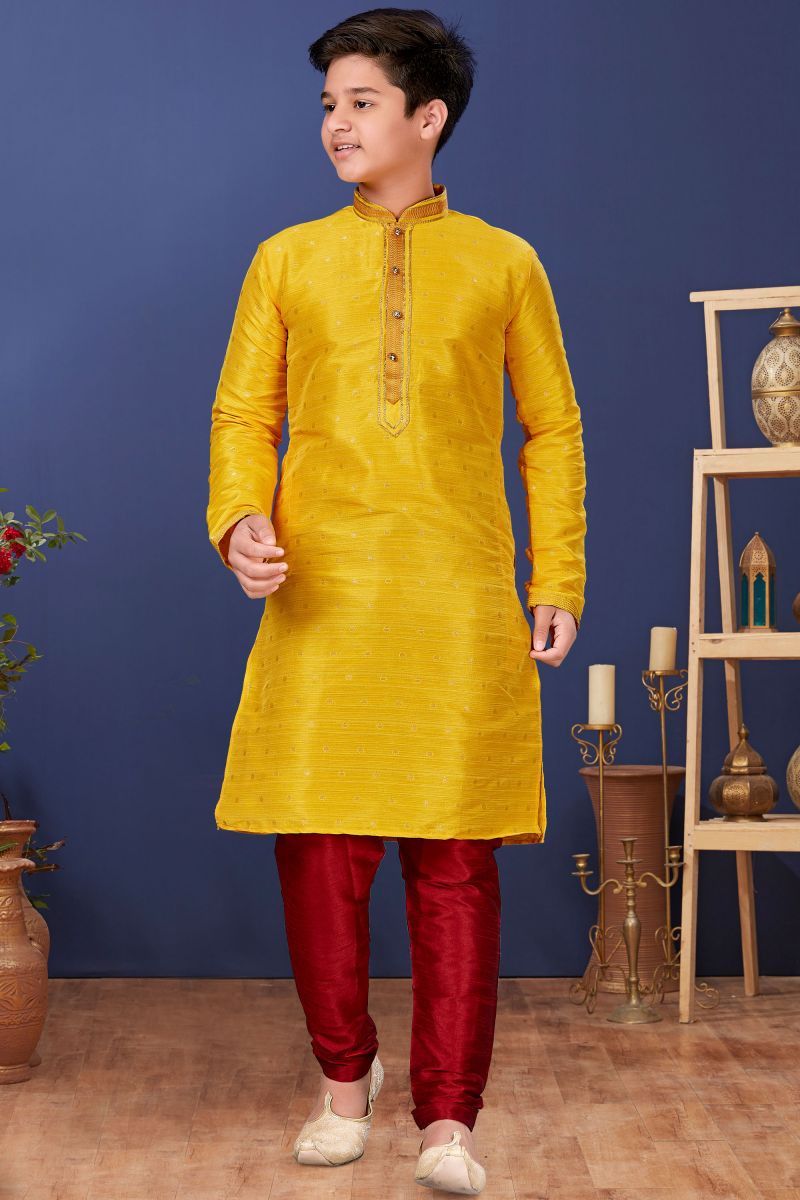 Art Silk Yellow Color Function Wear Boys Readymade Kurta Pyjama