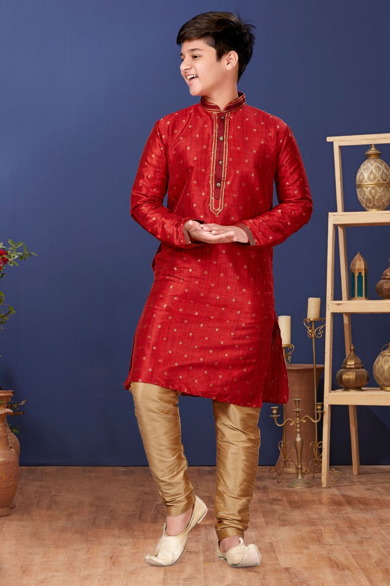 Sangeet Function Wear Art Silk Maroon Color Readymade Kurta Pyjama For Boys